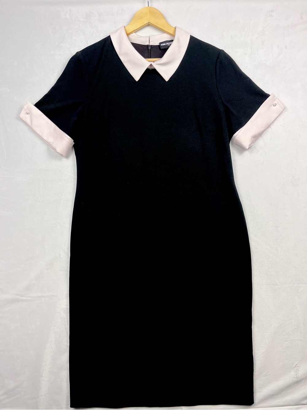 Karl Lagerfeld Paris Contrast Sheath Black Dress & Blush Pink Collar Size 14